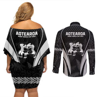 New Zealand Aotearoa Rugby Couples Matching Off Shoulder Short Dress and Long Sleeve Button Shirt Haka Dance Mixed Silver Fern Sporty Style LT9 - Polynesian Pride