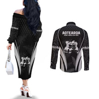New Zealand Aotearoa Rugby Couples Matching Off The Shoulder Long Sleeve Dress and Long Sleeve Button Shirt Haka Dance Mixed Silver Fern Sporty Style LT9 - Polynesian Pride