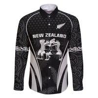 New Zealand Aotearoa Rugby Family Matching Off Shoulder Long Sleeve Dress and Hawaiian Shirt Haka Dance Mixed Silver Fern Sporty Style LT9 Dad's Shirt - Long Sleeve Black - Polynesian Pride