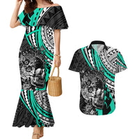 Personalised Polynesia Skull Couples Matching Mermaid Dress and Hawaiian Shirt Tattoo In The Style Of Maori With Marine Life Aqua LT9 Aqua - Polynesian Pride