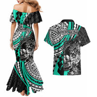 Personalised Polynesia Skull Couples Matching Mermaid Dress and Hawaiian Shirt Tattoo In The Style Of Maori With Marine Life Aqua LT9 - Polynesian Pride