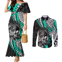 Personalised Polynesia Skull Couples Matching Mermaid Dress and Long Sleeve Button Shirts Tattoo In The Style Of Maori With Marine Life Aqua LT9 Aqua - Polynesian Pride