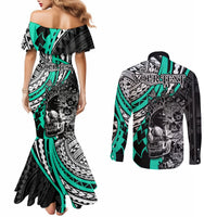Personalised Polynesia Skull Couples Matching Mermaid Dress and Long Sleeve Button Shirts Tattoo In The Style Of Maori With Marine Life Aqua LT9 - Polynesian Pride