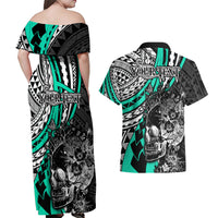 personalised-polynesia-skull-couples-matching-off-shoulder-maxi-dress-and-hawaiian-shirt-tattoo-in-the-style-of-maori-with-marine-life-aqua