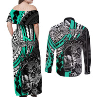 Personalised Polynesia Skull Couples Matching Off Shoulder Maxi Dress and Long Sleeve Button Shirts Tattoo In The Style Of Maori With Marine Life Aqua LT9 - Polynesian Pride