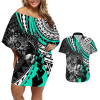 Personalised Polynesia Skull Couples Matching Off Shoulder Short Dress and Hawaiian Shirt Tattoo In The Style Of Maori With Marine Life Aqua LT9 Aqua - Polynesian Pride