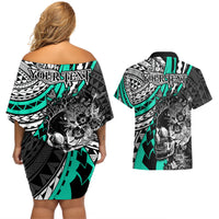 Personalised Polynesia Skull Couples Matching Off Shoulder Short Dress and Hawaiian Shirt Tattoo In The Style Of Maori With Marine Life Aqua LT9 - Polynesian Pride