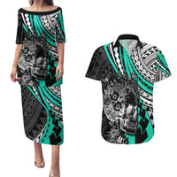 Personalised Polynesia Skull Couples Matching Puletasi Dress and Hawaiian Shirt Tattoo In The Style Of Maori With Marine Life Aqua LT9 Aqua - Polynesian Pride