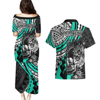 Personalised Polynesia Skull Couples Matching Puletasi Dress and Hawaiian Shirt Tattoo In The Style Of Maori With Marine Life Aqua LT9 - Polynesian Pride