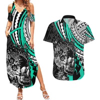 Personalised Polynesia Skull Couples Matching Summer Maxi Dress and Hawaiian Shirt Tattoo In The Style Of Maori With Marine Life Aqua LT9 Aqua - Polynesian Pride