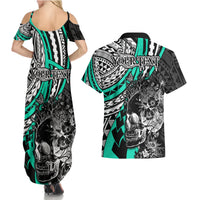 Personalised Polynesia Skull Couples Matching Summer Maxi Dress and Hawaiian Shirt Tattoo In The Style Of Maori With Marine Life Aqua LT9 - Polynesian Pride