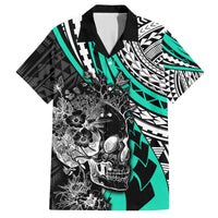 Personalised Polynesia Skull Family Matching Puletasi Dress and Hawaiian Shirt Tattoo In The Style Of Maori With Marine Life Aqua LT9 Dad's Shirt - Short Sleeve Aqua - Polynesian Pride