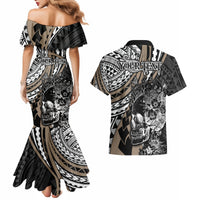 Personalised Polynesia Skull Couples Matching Mermaid Dress and Hawaiian Shirt Tattoo In The Style Of Maori With Marine Life Gold LT9 - Polynesian Pride