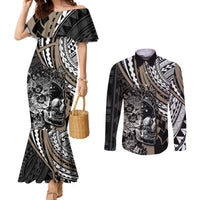 Personalised Polynesia Skull Couples Matching Mermaid Dress and Long Sleeve Button Shirts Tattoo In The Style Of Maori With Marine Life Gold LT9 Gold - Polynesian Pride