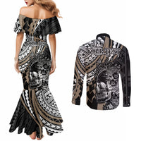 Personalised Polynesia Skull Couples Matching Mermaid Dress and Long Sleeve Button Shirts Tattoo In The Style Of Maori With Marine Life Gold LT9 - Polynesian Pride