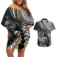 Personalised Polynesia Skull Couples Matching Off Shoulder Short Dress and Hawaiian Shirt Tattoo In The Style Of Maori With Marine Life Gold LT9 Gold - Polynesian Pride