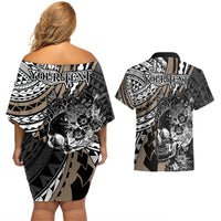 Personalised Polynesia Skull Couples Matching Off Shoulder Short Dress and Hawaiian Shirt Tattoo In The Style Of Maori With Marine Life Gold LT9 - Polynesian Pride