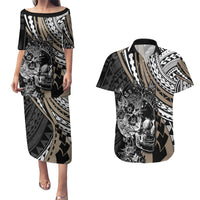 Personalised Polynesia Skull Couples Matching Puletasi Dress and Hawaiian Shirt Tattoo In The Style Of Maori With Marine Life Gold LT9 Gold - Polynesian Pride