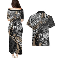 Personalised Polynesia Skull Couples Matching Puletasi Dress and Hawaiian Shirt Tattoo In The Style Of Maori With Marine Life Gold LT9 - Polynesian Pride