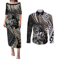 Personalised Polynesia Skull Couples Matching Puletasi Dress and Long Sleeve Button Shirts Tattoo In The Style Of Maori With Marine Life Gold LT9 Gold - Polynesian Pride