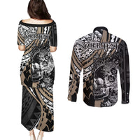 Personalised Polynesia Skull Couples Matching Puletasi Dress and Long Sleeve Button Shirts Tattoo In The Style Of Maori With Marine Life Gold LT9 - Polynesian Pride