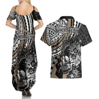 Personalised Polynesia Skull Couples Matching Summer Maxi Dress and Hawaiian Shirt Tattoo In The Style Of Maori With Marine Life Gold LT9 - Polynesian Pride