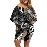 Personalised Polynesia Skull Off Shoulder Short Dress Tattoo In The Style Of Maori With Marine Life Gold LT9 Women Gold - Polynesian Pride