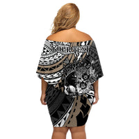 Personalised Polynesia Skull Off Shoulder Short Dress Tattoo In The Style Of Maori With Marine Life Gold LT9 - Polynesian Pride