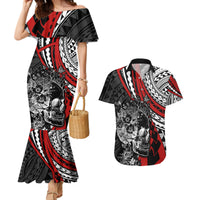 Personalised Polynesia Skull Couples Matching Mermaid Dress and Hawaiian Shirt Tattoo In The Style Of Maori With Marine Life Red LT9 Red - Polynesian Pride