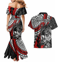 Personalised Polynesia Skull Couples Matching Mermaid Dress and Hawaiian Shirt Tattoo In The Style Of Maori With Marine Life Red LT9 - Polynesian Pride