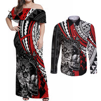 Personalised Polynesia Skull Couples Matching Off Shoulder Maxi Dress and Long Sleeve Button Shirts Tattoo In The Style Of Maori With Marine Life Red LT9 Red - Polynesian Pride
