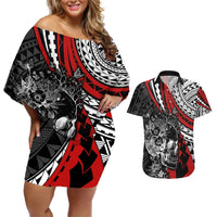 Personalised Polynesia Skull Couples Matching Off Shoulder Short Dress and Hawaiian Shirt Tattoo In The Style Of Maori With Marine Life Red LT9 Red - Polynesian Pride