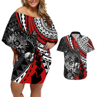 Personalised Polynesia Skull Couples Matching Off Shoulder Short Dress and Hawaiian Shirt Tattoo In The Style Of Maori With Marine Life Red LT9 Red - Polynesian Pride