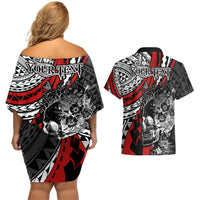 Personalised Polynesia Skull Couples Matching Off Shoulder Short Dress and Hawaiian Shirt Tattoo In The Style Of Maori With Marine Life Red LT9 - Polynesian Pride