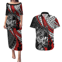 Personalised Polynesia Skull Couples Matching Puletasi Dress and Hawaiian Shirt Tattoo In The Style Of Maori With Marine Life Red LT9 Red - Polynesian Pride
