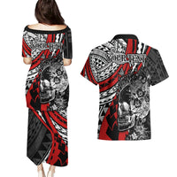 Personalised Polynesia Skull Couples Matching Puletasi Dress and Hawaiian Shirt Tattoo In The Style Of Maori With Marine Life Red LT9 - Polynesian Pride