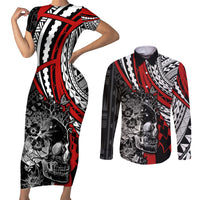 Personalised Polynesia Skull Couples Matching Short Sleeve Bodycon Dress and Long Sleeve Button Shirts Tattoo In The Style Of Maori With Marine Life Red LT9 Red - Polynesian Pride