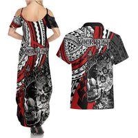 Personalised Polynesia Skull Couples Matching Summer Maxi Dress and Hawaiian Shirt Tattoo In The Style Of Maori With Marine Life Red LT9 - Polynesian Pride