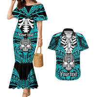 Personalised Polynesia Skull Couples Matching Mermaid Dress and Hawaiian Shirt With Boars Tusk Aqua Arty Vibe LT9 Aqua - Polynesian Pride