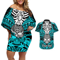 Personalised Polynesia Skull Couples Matching Off Shoulder Short Dress and Hawaiian Shirt With Boars Tusk Aqua Arty Vibe LT9 Aqua - Polynesian Pride