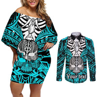 Personalised Polynesia Skull Couples Matching Off Shoulder Short Dress and Long Sleeve Button Shirts With Boars Tusk Aqua Arty Vibe LT9 Aqua - Polynesian Pride