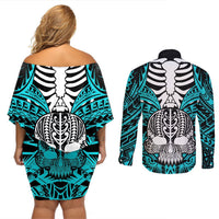 Personalised Polynesia Skull Couples Matching Off Shoulder Short Dress and Long Sleeve Button Shirts With Boars Tusk Aqua Arty Vibe LT9 - Polynesian Pride