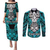 Personalised Polynesia Skull Couples Matching Puletasi Dress and Long Sleeve Button Shirts With Boars Tusk Aqua Arty Vibe LT9 Aqua - Polynesian Pride