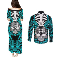Personalised Polynesia Skull Couples Matching Puletasi Dress and Long Sleeve Button Shirts With Boars Tusk Aqua Arty Vibe LT9 - Polynesian Pride
