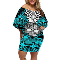 Personalised Polynesia Skull Off Shoulder Short Dress With Boars Tusk Aqua Arty Vibe LT9 Women Aqua - Polynesian Pride