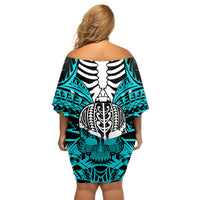 Personalised Polynesia Skull Off Shoulder Short Dress With Boars Tusk Aqua Arty Vibe LT9 - Polynesian Pride