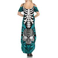 Personalised Polynesia Skull Summer Maxi Dress With Boars Tusk Aqua Arty Vibe LT9 - Polynesian Pride