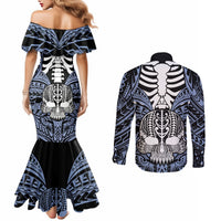 Personalised Polynesia Skull Couples Matching Mermaid Dress and Long Sleeve Button Shirts With Boars Tusk Blue Arty Vibe LT9 - Polynesian Pride