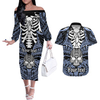 personalised-polynesia-skull-couples-matching-off-the-shoulder-long-sleeve-dress-and-hawaiian-shirt-with-boars-tusk-blue-arty-vibe