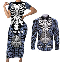 personalised-polynesia-skull-couples-matching-short-sleeve-bodycon-dress-and-long-sleeve-button-shirts-with-boars-tusk-blue-arty-vibe